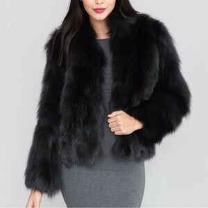 Jet Black Chic Fox Fur Jacket with Satin Lining